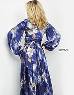 Model in Jovani 06849 dress, front view with detailed sleeves.