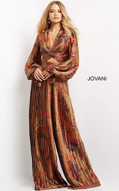 Model wearing Jovani 06851 in a multi-color print dress, V-neckline and pleated skirt.