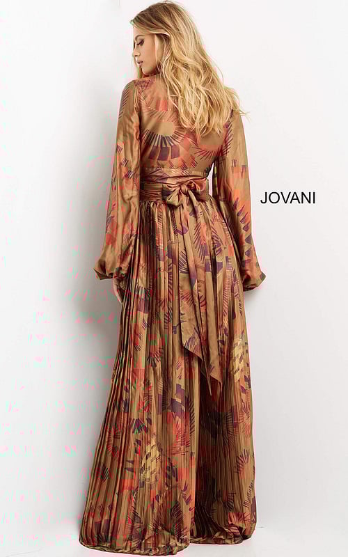 Back view of Jovani 06851 dress in a multi-color print with a flowing skirt.