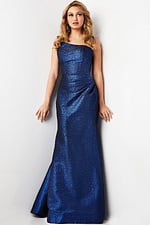 Model wearing Jovani 06867 in blue, full image.