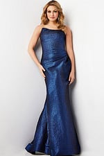 Model wearing Jovani 06867 in blue, front view without shawl.