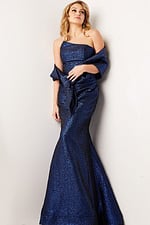 Model wearing Jovani 06867 in blue with shawl, front view.