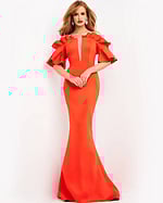 Model wearing Jovani 06901 in orange with ruffled off-the-shoulder sleeves full length