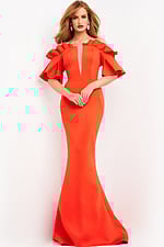 Model wearing Jovani 06901 in orange with ruffled off-the-shoulder sleeves