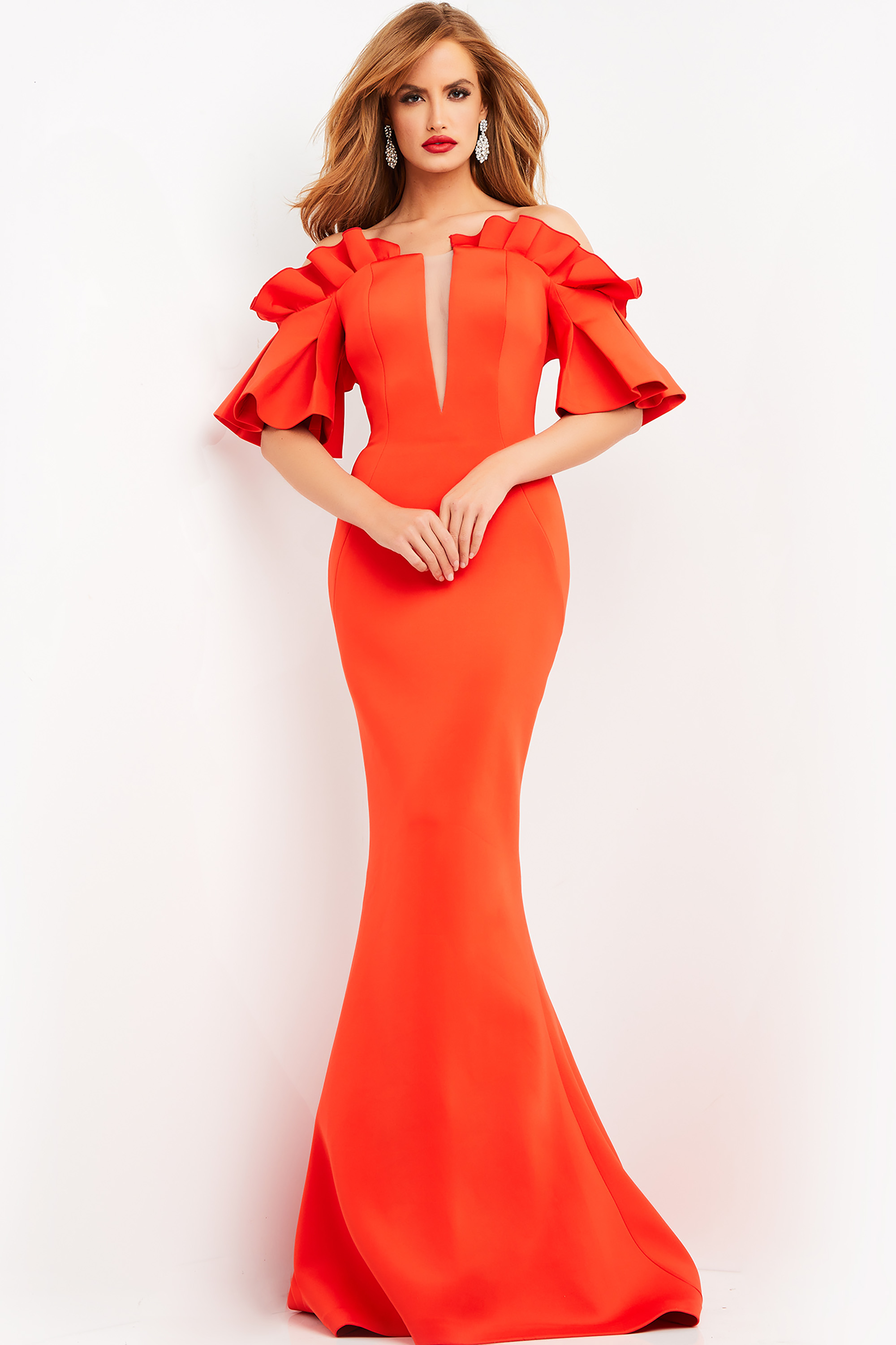 06901-Tomato-fitted.jpg Model wearing Jovani 06901 in orange with ruffled off-the-shoulder sleeves