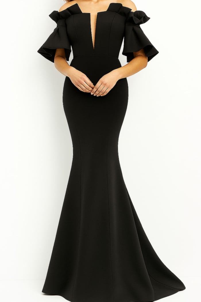 Jovani 06901 Tomato Off the Shoulder Short Sleeve Evening Dress