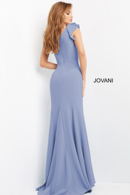 model wearing Jovani 06935 blue one-shoulder gown back view