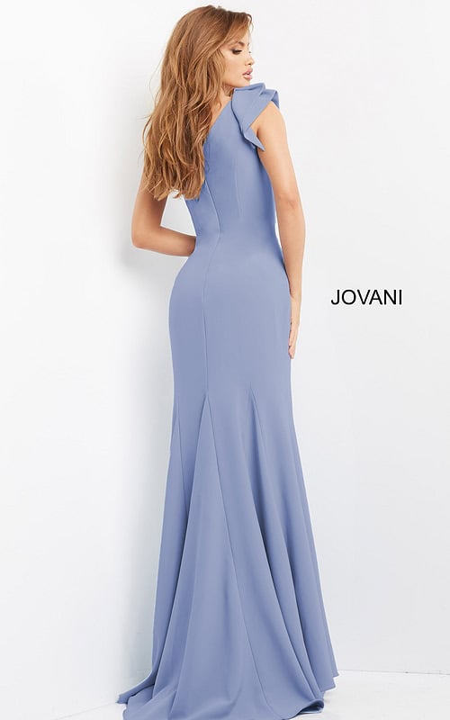 model wearing Jovani 06935 blue one-shoulder gown back view