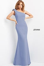 model wearing Jovani 06935 blue one-shoulder gown front view