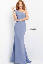 model wearing Jovani 06935 blue one-shoulder gown side view