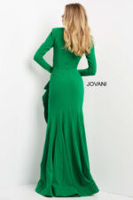 Back view of Jovani 06995 emerald dress showcasing elegant long sleeves and fit.