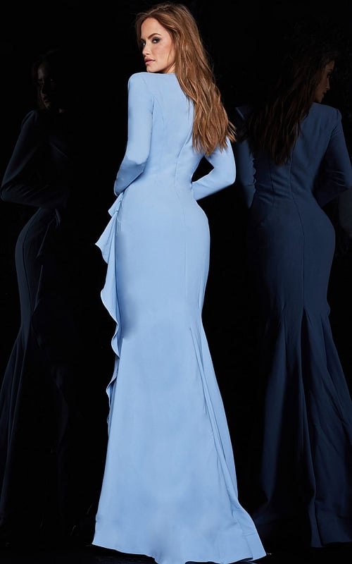 model wearing Jovani 06995 in blue back view showcasing the fitted silhouette