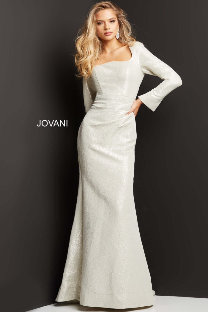 model wearing Jovani 06996 nude dress, front view