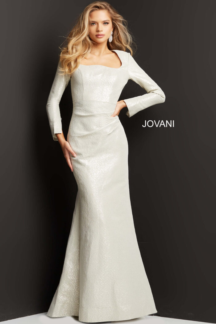 model wearing Jovani 06996 nude dress, angled front view