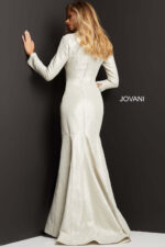 model wearing Jovani 06996 nude dress, back view