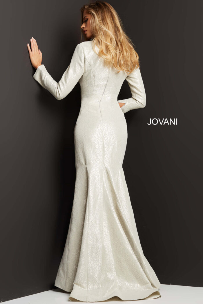 model wearing Jovani 06996 nude dress, back view