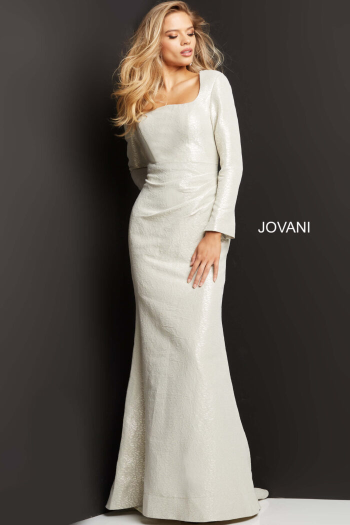 model wearing Jovani 06996 nude dress, front view