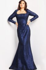 model wearing Jovani 06996 blue dress, full front view