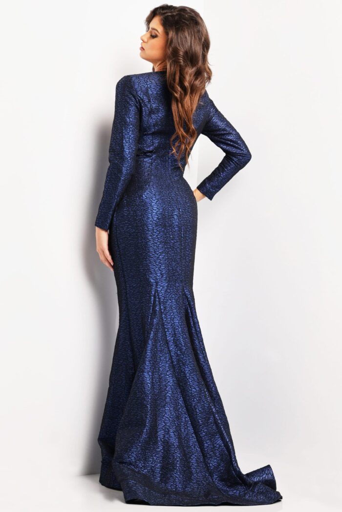 model wearing Jovani 06996 blue dress, back view