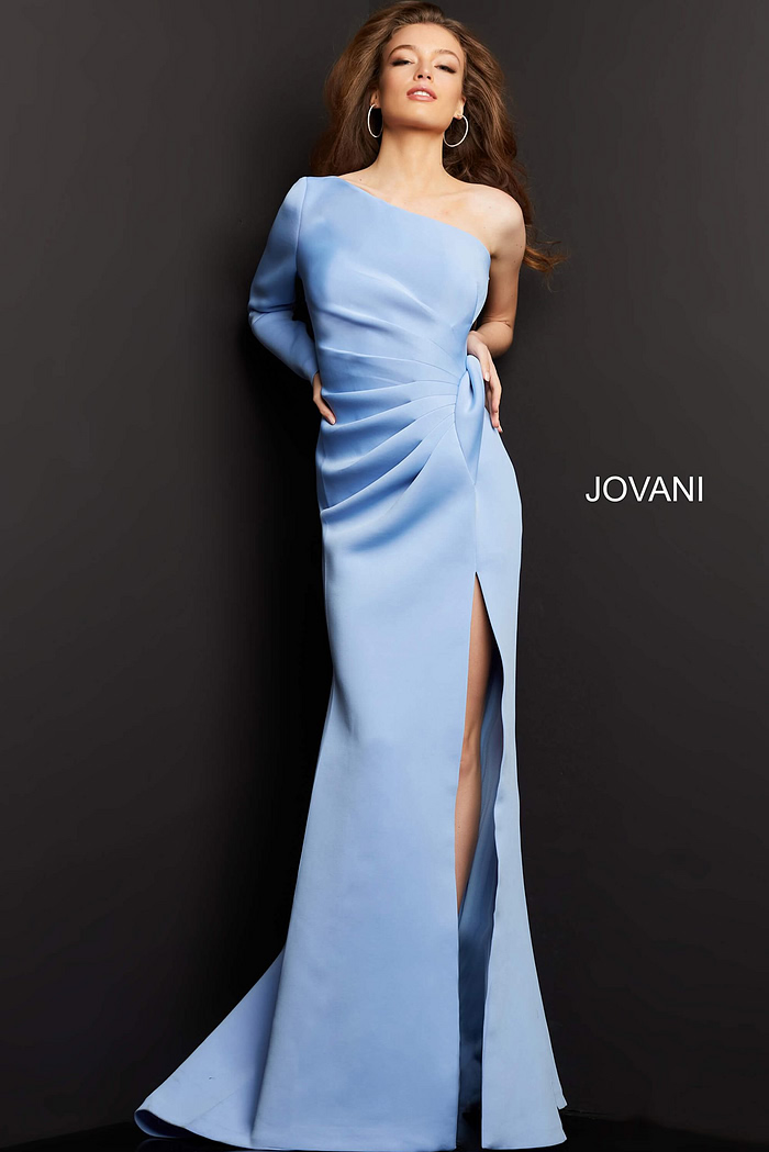 Jovani 06998 Light Blue One Shoulder Long Sleeve Evening