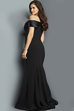 Model showcasing the back of Jovani 07014 black gown.