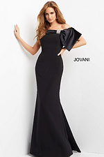 Jovani 07014 black gown with off-the-shoulder design.