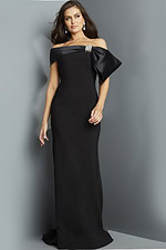 Detailed view of Jovani 07014 black dress with bow.