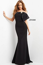 Full-length view of Jovani 07014 elegant black gown.