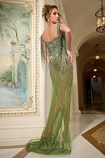 Back view of Jovani 07031 with detailed fringe and embellishments.