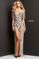 Model wearing Jovani 07031 nude gown with high slit and bead embellishments.
