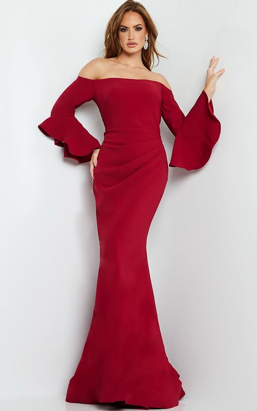 Model wearing Jovani 07065 elegant cranberry dress with off-the-shoulder neckline and flared sleeves.