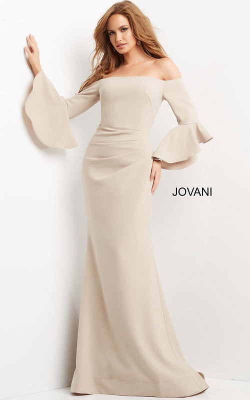 Model wearing Jovani 07065 elegant beige gown with mermaid silhouette and off-the-shoulder neckline in front view.