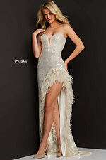 Model wearing Jovani 07068 beige gown with sequins and feather details, front view.