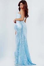 Back view of Jovani 07068 in light blue with feather decor.