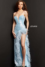 Model wearing Jovani 07068 light blue gown with sequins and feather details, front view.