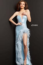 Jovani 07068 shown from front, showcasing sequins and feathers.