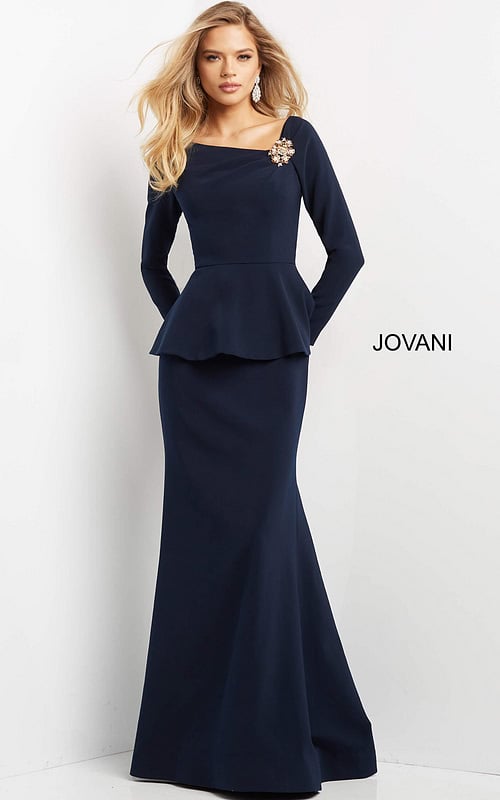 Model wearing Jovani 07131 navy dress with off-the-shoulder neckline and peplum waist.