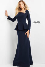 Front view of model wearing Jovani 07131 navy dress with peplum waist.