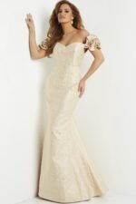 Model wearing Jovani 07154 gold dress with sweetheart neckline and puff sleeves, front view