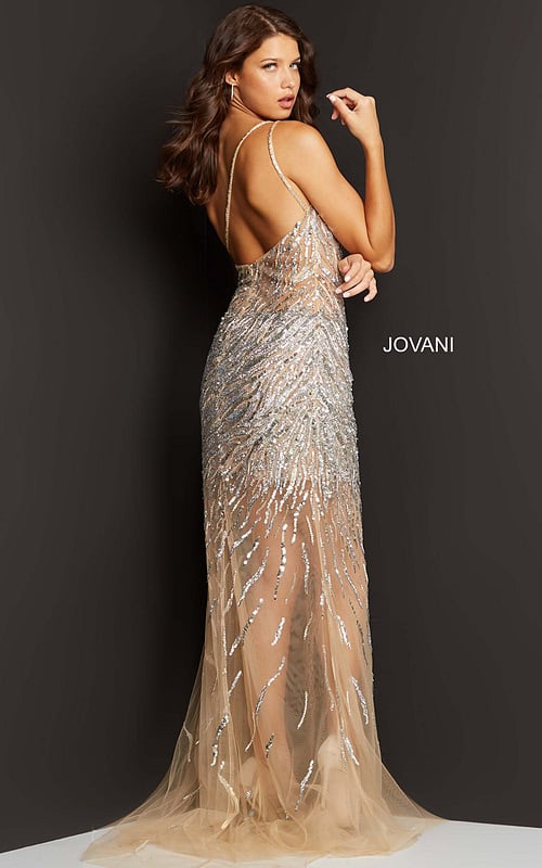 Back view of Jovani 07185 gown highlighting delicate straps and beaded embellishments in nude.