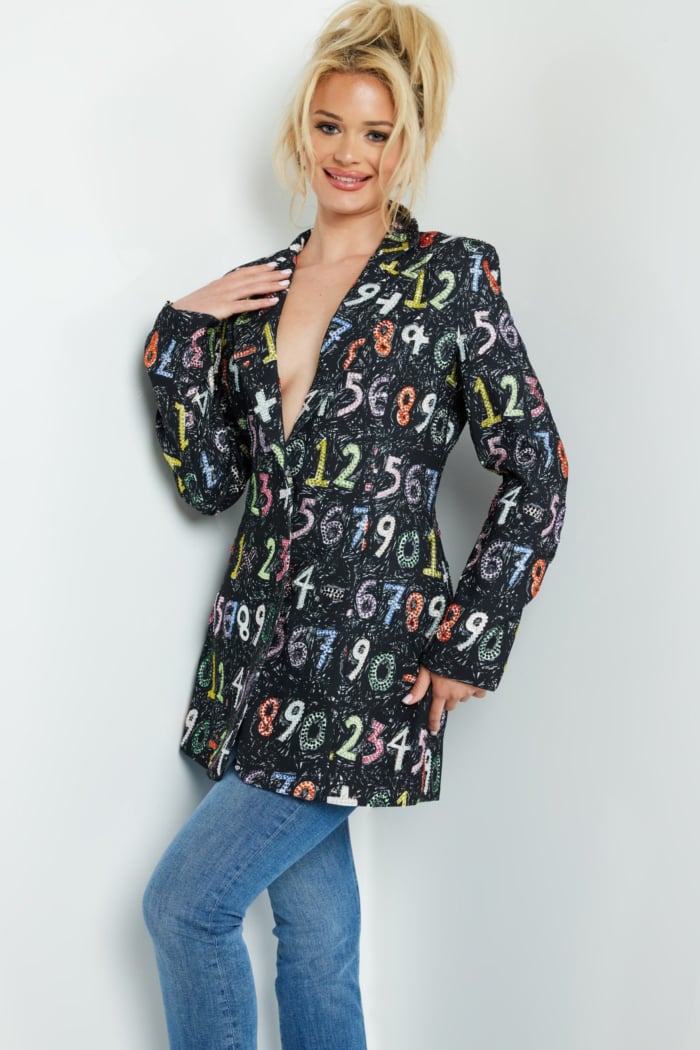 Jovani 07191 dress with multi-number print, front view.
