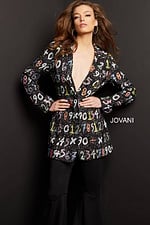 Wearing Jovani 07191 multi blazer dress, model with bold number design up close.