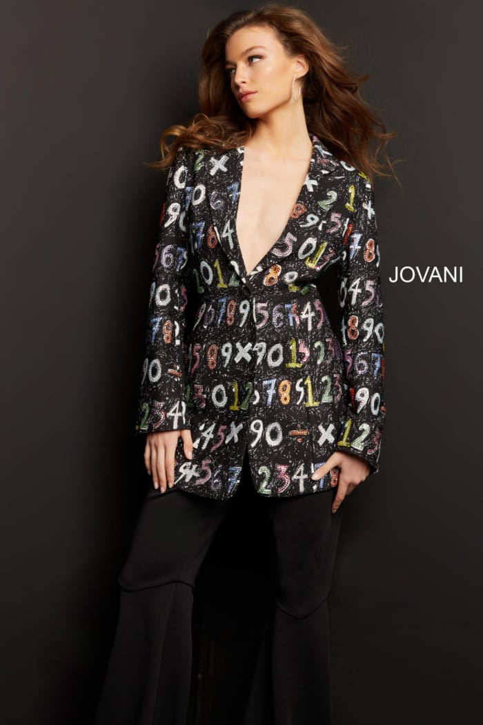 Jovani 07191 multi-colored dress, front view with vibrant pattern.