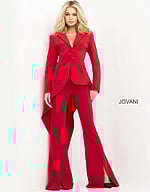 Model wearing Jovani 07209 red ensemble with blazer and trousers, front view