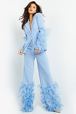 model showcasing the front of Jovani 07218 light blue pantsuit