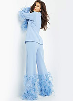 model displaying the back of Jovani 07218 light blue pantsuit