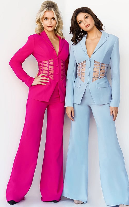 Models wearing Jovani 07227 in fuchsia and light blue with lace-up waist detail.