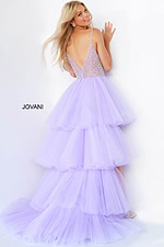 Model showcasing the back of Jovani 07231 lilac dress