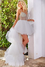 Model wearing Jovani 07231 white dress, side view