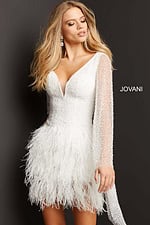 Model in Jovani 07236 white dress with V-neck and feathered detail, front view.